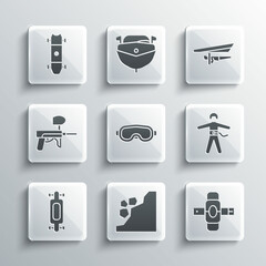 Sticker - Set Landslide, Knee pads, Bungee jumping, Ski goggles, Longboard or skateboard, Paintball gun, and Hang glider icon. Vector