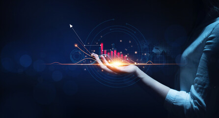 Hand holding growth business graph progress and financial analyzing. Business development to success, profit and growing plan.	