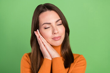 Poster - Photo portrait woman sleeping tired after hard day isolated pastel green color background