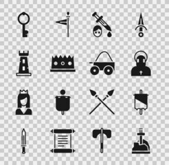 Poster - Set Sword in the stone, Medieval flag, Monk, with blood, King crown, Castle tower, Old key and Wooden four-wheel cart icon. Vector