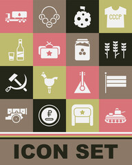 Poster - Set Military tank, National Russia flag, Wheat, Moon with, Ushanka, Bottle of vodka glass, Tanker truck and Jar honey icon. Vector