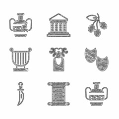 Sticker - Set Medusa Gorgon, Decree, parchment, scroll, Ancient amphorae, Comedy and tragedy masks, Dagger, lyre, Olives branch and Broken icon. Vector