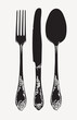 Black and white set of fork, spoon and knife in retro style. Vintage silverware or flatware vector illustration. Ornate silver or steel cutlery close-up on white background. Beautiful old tableware