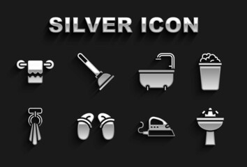 Sticker - Set Flip flops, Bucket with soap suds, Washbasin water tap, Electric iron, Towel hanger, Bathtub, and Rubber plunger icon. Vector