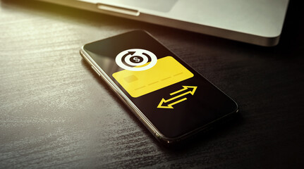 Poster - Subscription payment - regular monthly or periodic annual subscription basis fee concept. Mobile smartphone with credit bank card and a recurring subscription payment icon for membership users