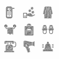 Wall Mural - Set Lift, Hair dryer, Hotel service bell, slippers, Telephone handset, Toilet paper roll, Bathrobe and Digital door lock icon. Vector