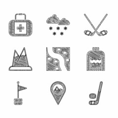 Sticker - Set Route location, Location with mountain, Ice hockey stick and puck, Christmas sweater, marker, Mountains, sticks and First aid kit icon. Vector