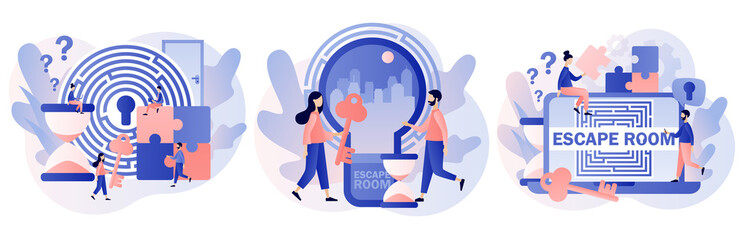 Wall Mural - Escape room. Quest room. Tiny people trying to solve puzzles, find key, gettout of trap, finding conundrum solution. Exit maze. Modern flat cartoon style. Vector illustration on white background