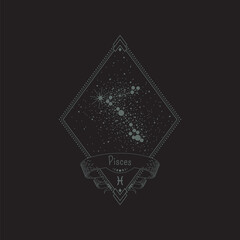 Wall Mural - Sketch tattoo pisces constellation with title in a retro frame. Vector linear isolated diamond-shaped astrological illustration with rhombus, star system, ribbon and zodiac sign for print