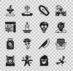 Sticker - Set Flying bat, Chocolate bar, Zombie mask, Coffin with cross, Burning candle, Spider web, Witch and Skull icon. Vector