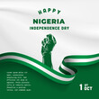 Square Banner illustration of Nigeria independence day celebration. Waving flag and hands clenched. Vector illustration.