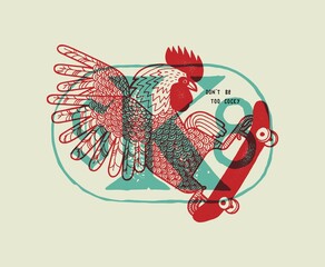 Wall Mural - Rooster skater vintage typography label. SK8 bird skate logo t-shirt print vector illustration.