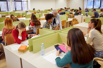 Wall Mural - A female professor working with students at the lecture. Smart young people study at the college. Education, college, university, learning and multiethnic people concept