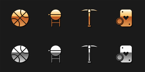 Sticker - Set Basketball ball, Barbecue grill, Pickaxe and Casino chip and playing cards icon. Vector