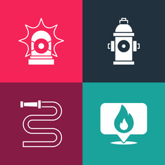 Sticker - Set pop art Location with fire flame, Fire hose reel, hydrant and Flasher siren icon. Vector