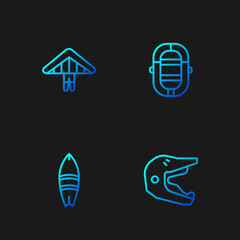 Sticker - Set line Motocross motorcycle helmet, Surfboard, Hang glider and Rafting boat. Gradient color icons. Vector