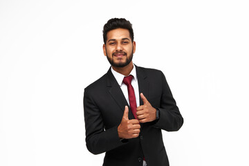 Wall Mural - Young indian manager with happy emotion on white isolated background looking to the camera.