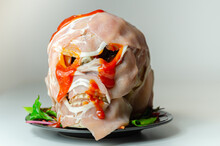 Creatively Prepared Food In The Shape Of A Scary Skull, A Fun And Interesting Food Serving For A Halloween Party
