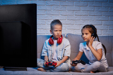 Poster - children playing video game with game console