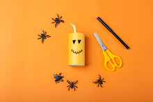 Halloween DIY And Kids Creativity. Step By Step Instruction: Making Orange Monster Pumpkin From Toilet Roll Tube. Step2 Finished Work. Children Craft. Eco-friendly Reuse Recycle.