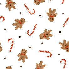 Christmas Seamless Pattern With Little Men, Cookies And Red Lollipops On A White Background. Background For Gift Wrapping For Happy New Year And Merry Christmas. Vector Vintage Illustration