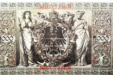 Large Fragment Of The Reverse Side Of 1000 One Thousand German Marks Reichsmark Banknote Currency Issued 1910 By Reichsbank In Berlin Features Allegorical Figures Navigation, Agriculture And Arms