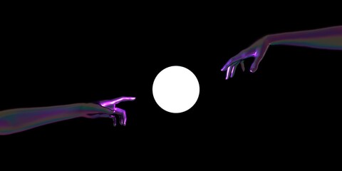 Poster - Modern 3d illustration with two artificial hands about to touch each other, reminiscent of the scene of Adam's creation.