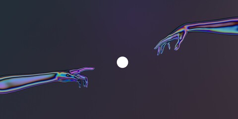 Poster - Modern 3d illustration with two artificial hands about to touch each other, reminiscent of the scene of Adam's creation.