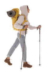 Female hiker with backpack and trekking poles on white background