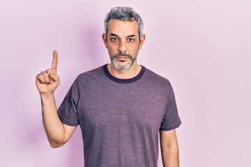 Poster - Handsome middle age man with grey hair pointing with index finger relaxed with serious expression on face. simple and natural looking at the camera.