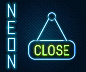 Poster - Glowing neon line Hanging sign with text Closed icon isolated on black background. Business theme for cafe or restaurant. Colorful outline concept. Vector