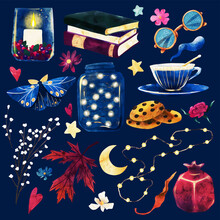 Cozy Night Clipart Set With Books, Led Lights And Tea Cup