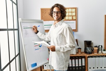 Wall Mural - Young hispanic businessman writing on board working at office.