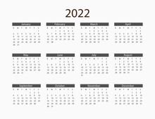2022 Year, Calendar. Vector Illustration. Weeks Start On Sunday.
