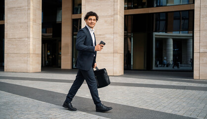 A bank employee near the office. An economist goes to work in a business suit. The lawyer is happy with a briefcase in his hands. The financier is in a hurry to meet with colleagues.