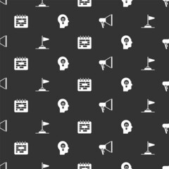 Poster - Set Megaphone, Flag, Calendar and Human with lamp bulb on seamless pattern. Vector