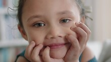 Portrait Happy Little Girl Smiling With Natural Childhood Curiosity Looking Joyful Child With Innocent Playful Expression 4k Footage