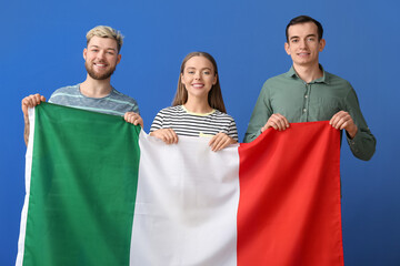 Sticker - Young people with flag of Italy on color background