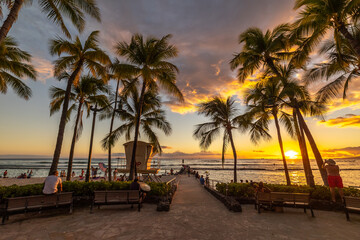 Canvas Print - Waikiki beach sunset in Hawaii