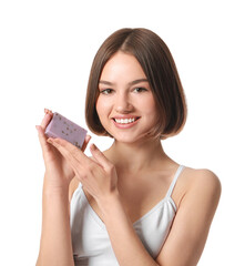 Wall Mural - Beautiful young woman with soap on white background