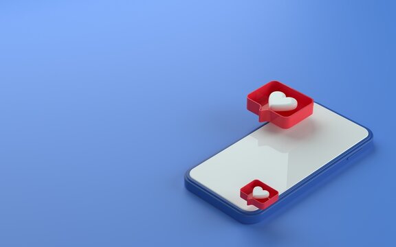 3d illustration of isometric view phone with like notification icon on top and side