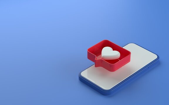 3d illustration of isometric view phone with like notification icon on top and side