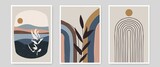 Fototapeta Boho - Set of Wall Art Poster Templates with Abstract Organic Shapes, Leaves, Rainbow. Wall Decor Composition in Boho Contemporary Minimal Style. Vector EPS 10