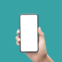 Man hand holding smartphone with blank screen isolated on blue background with clipping path.