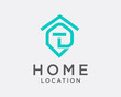 T initial location pin home house line art logo template illustration