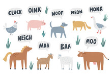 Set Of Cute Farm Animals That Say Their Sounds. HAnd Drawn Vector Illustration With Lettering For Kids Design