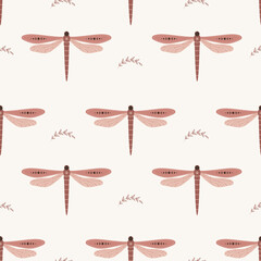 Wall Mural - Seamless pattern with boho dragonfly. Insect with celestial elements. Witch and magic symbol for textile, fabric, prints. Abstract hand drawn vector illustration in bohemian style.