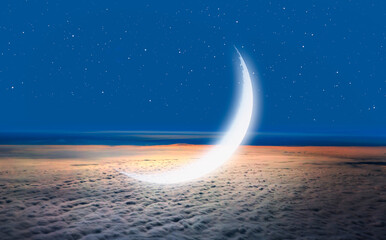 Poster - Night sky with crescent moon over the clouds 
