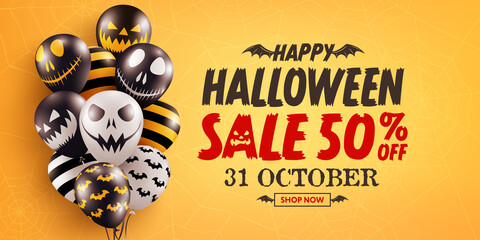 Wall Mural - Halloween Sale Promotion Poster or banner with Halloween Ghost Balloons on Orange background.Scary air balloons.Website spooky,Background or banner Halloween template.