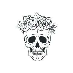 Wall Mural - skull decorated with a wreath of roses. line drawing. vector illustration